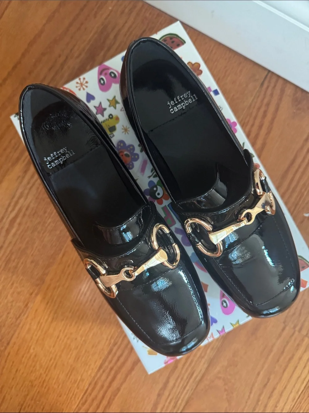Jeffrey Campbell Black Patent Platform Loafers with Gold Buckle